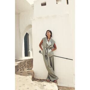 Zara Belted Linen Vest Light Green - M